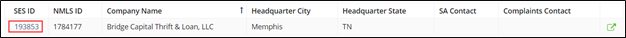 A company's SES ID appears as a hyperlink at the beginning of the row
