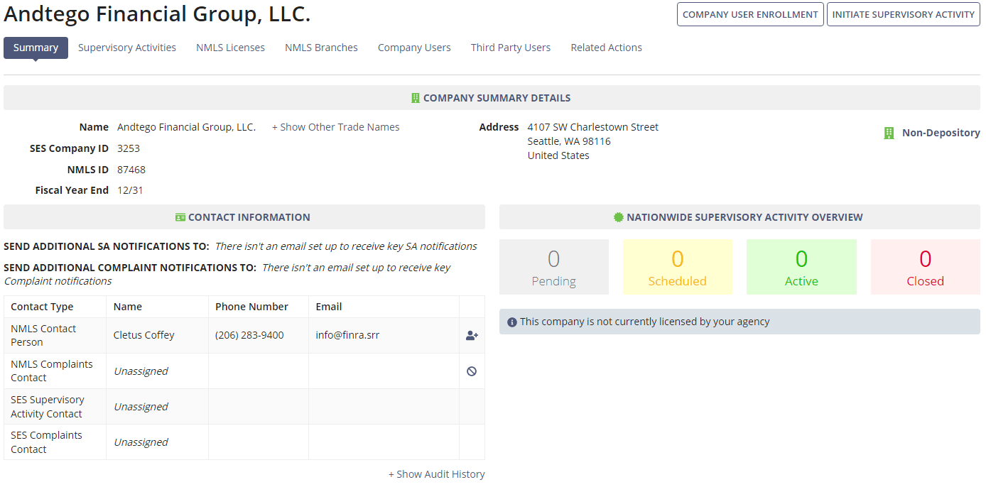 Company record page for a sample company, showing command options available to a Staff Director without Complaints acces.