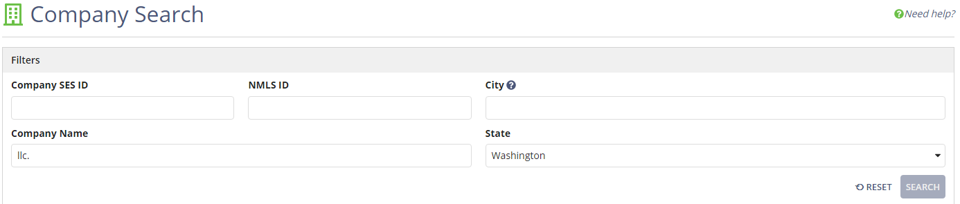 Company Search page, from the main menu on SA module