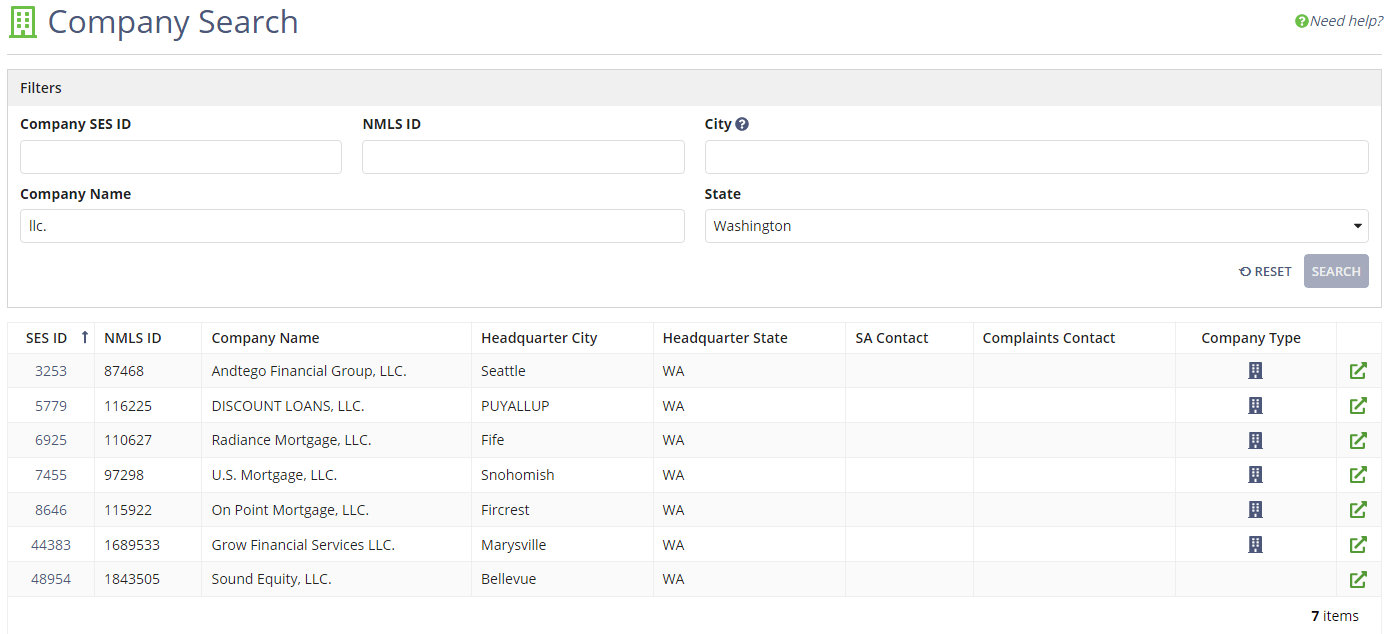 Company Search results based on a search for companies with "LLC." in the name within the state of Washington