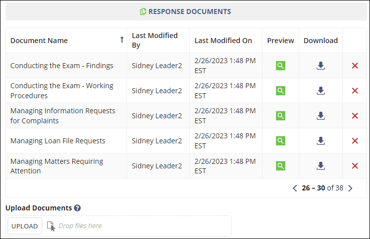 Screen capture showing the list of uploaded response documents.