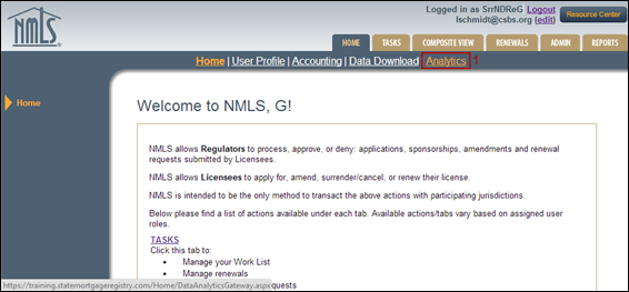 Click the Analytics submenu to access the NMLS Analytics page.