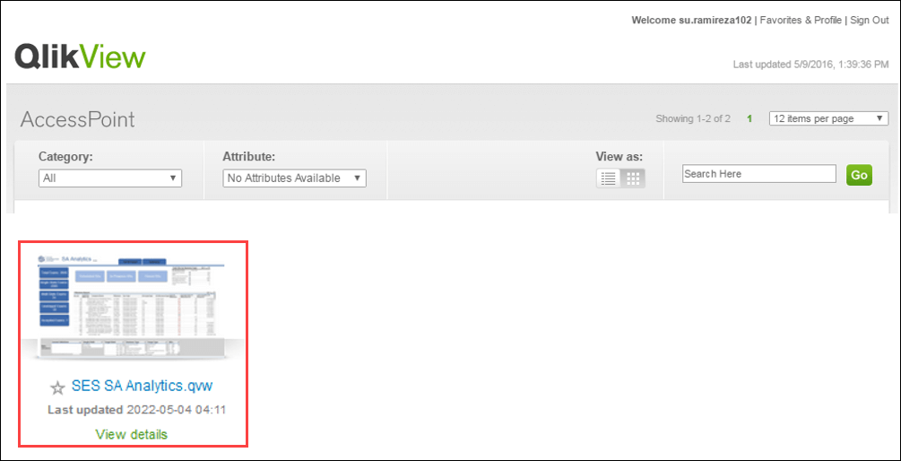 Click the SES SA Abalytics thunbnail to launch SES SA Analytics.