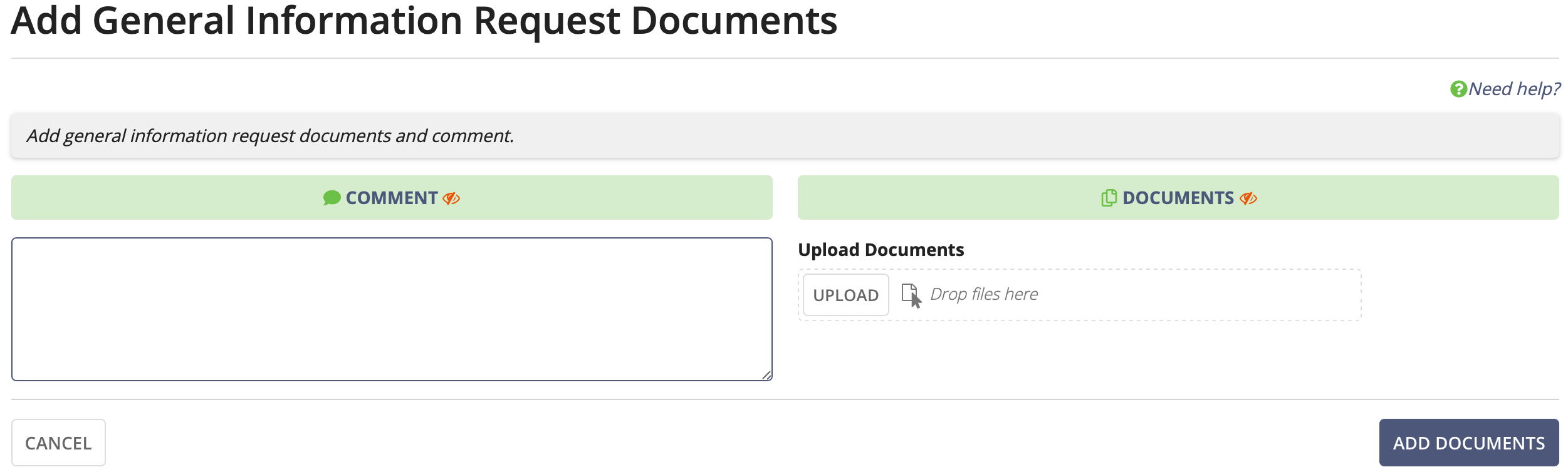 Screen capture of the General Information Requests Documents page