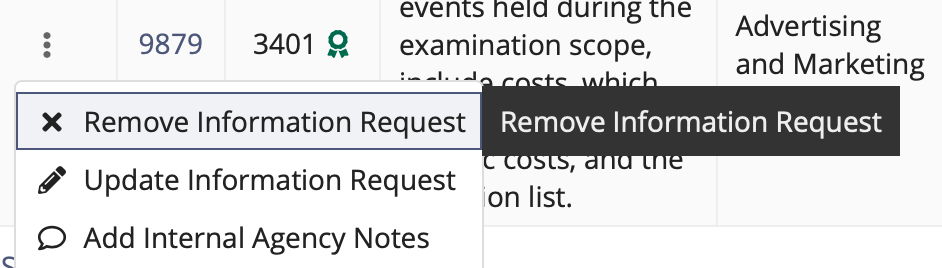 Action menu: Remove information request