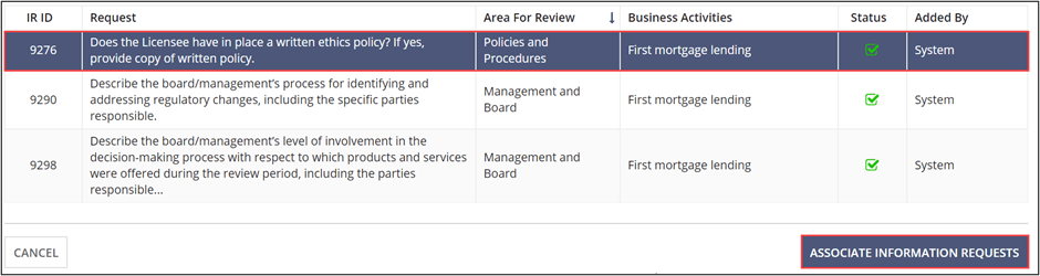 Select the appropriate IRs from the list and click Associate Information Requests to add them to this IR Response