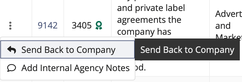Action Menu: Send the IR back to the company
