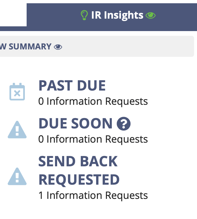 The IR Insights tab showing a send back request