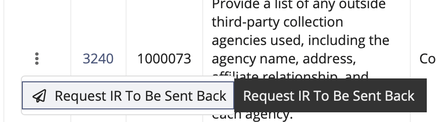 Screen capture showing the Request IR to be Sent Back on the Action menu