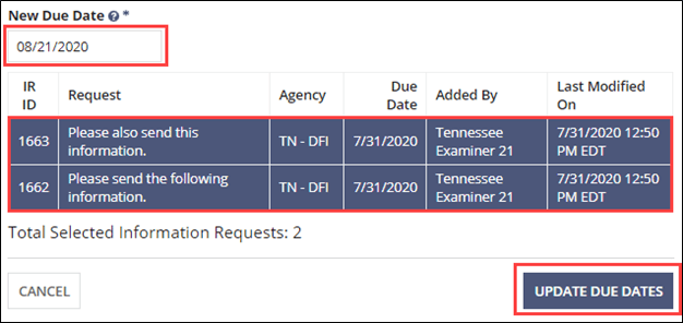 The New Due Dates screen, with the selected IRs, and Update Due Dates button at lower right
