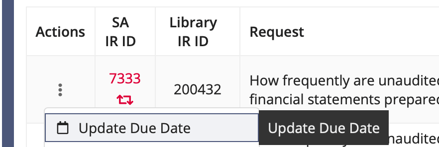 Screen capture showing the Action Menu option to update the due date on an individual IR that has been sent to the company.