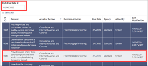 Update the due dates for Information Requests in bulk