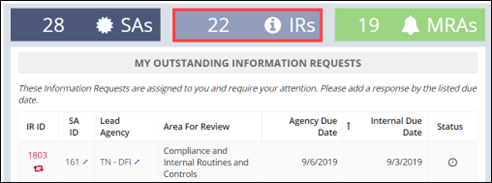 Outstanding information requests can be found on the homepage by clicking on the IRs quick filter in the middle.