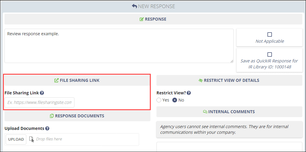 Screen capture of the File Sharing Like fiedl in the Add Information Request Response page