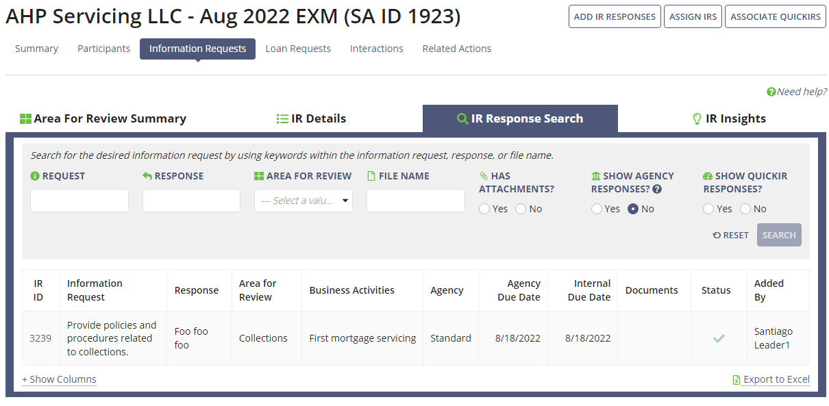 The IR Response Search tab appears after the company sends an IR response to an agency.