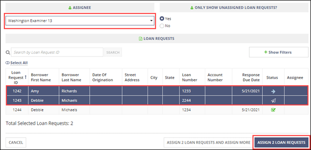 Assign Loan Requests button