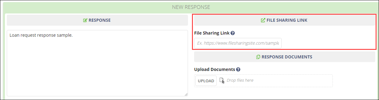 Screen capture of the File Sharing Like fiedl in the Add Loan Request Response page