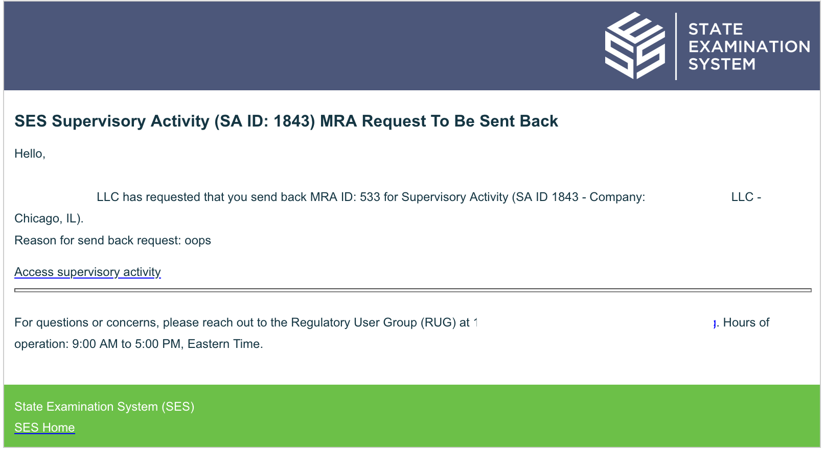 Notification email indicating the company lead has requested that an MRA be sent back for update.