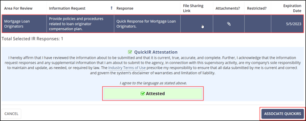 QuickIR Attestation screen and Associate QuickIR command