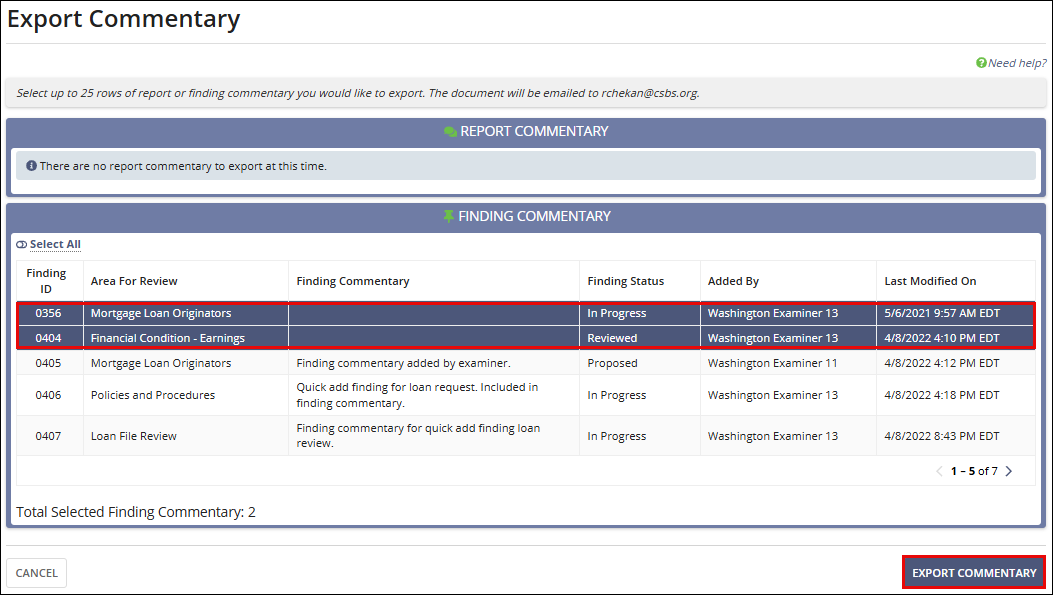 Export Report Commentary screen
