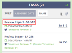 The Review Report task appears in the Tasks section of the homepage