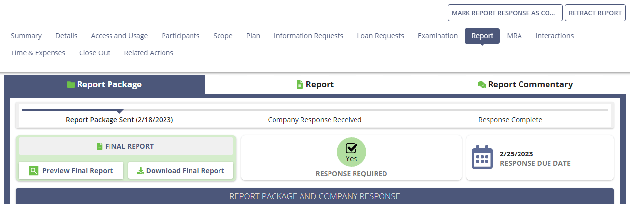 Screen capture of the Report Package tab, showing the Report Package Sent, but no reponse received.