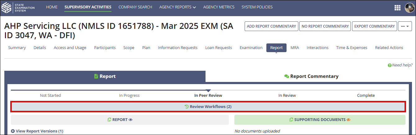 Review workflows button on the Report page.
