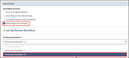 Select the Send Report for Review option and the Primary Reviewer