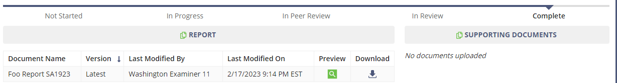 Report Version History screen
