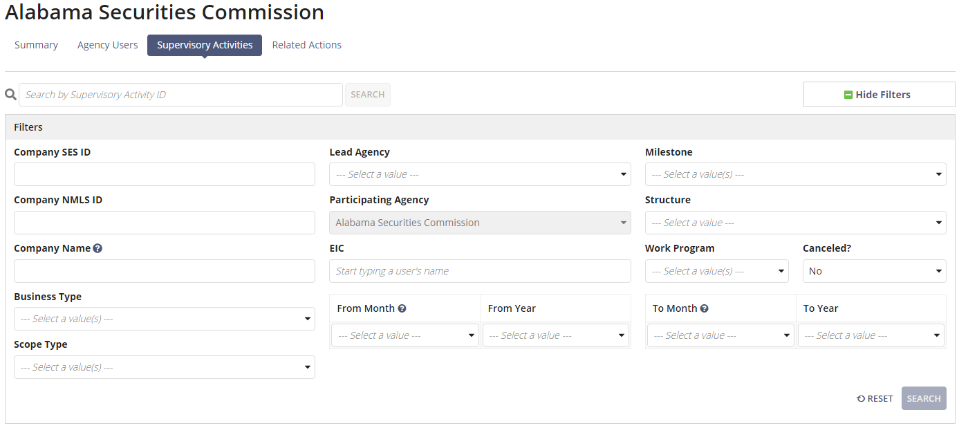The Filters available for filtering the list of Supervisory Activities in the agency's record.
