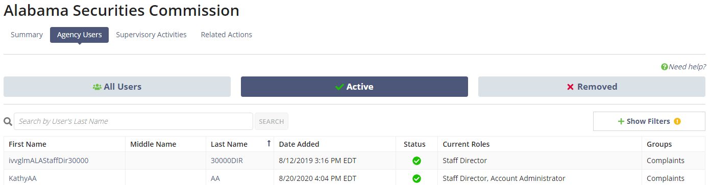 Agency profile User's tab, with Active filter tab selected by default.