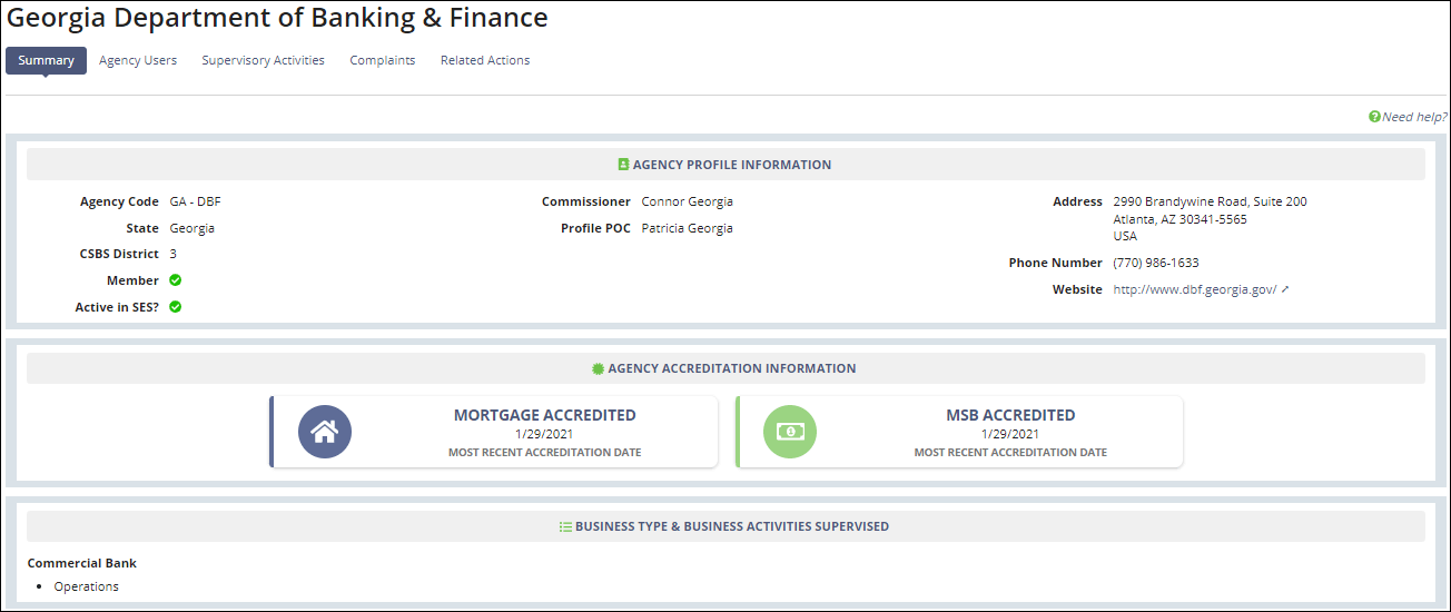 Agency Record page showing the summary of the Agency's profile