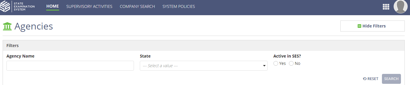 Screen: Agency List / Search Filters