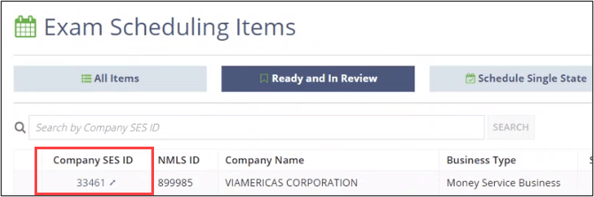 Company SES ID link, Exam Scheduling Items page