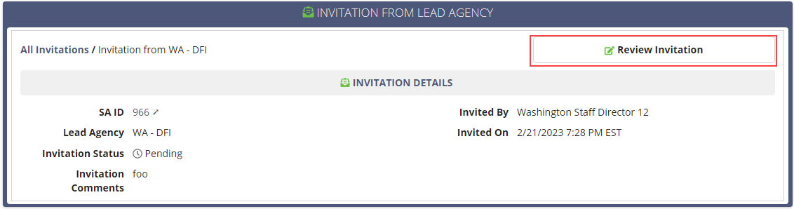 Screen capture showing the Invitation Details on the SA Summary page