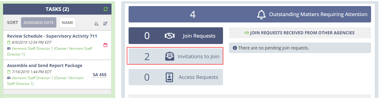 Screen capture of the Staff Director home page, showing the new summary of multi-state examination activities