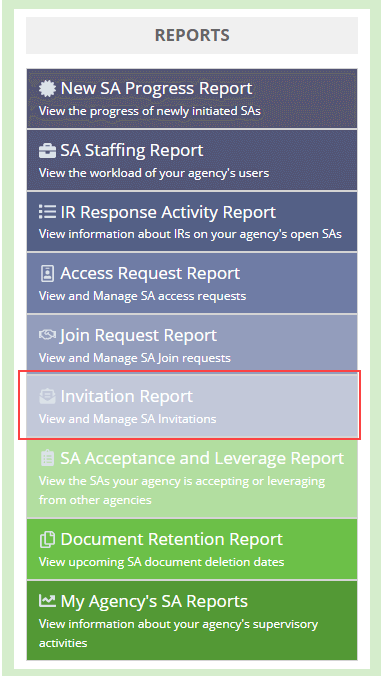 Screen capture of the Reports menu on the staff director's home page, showing the new SA Invitation Report