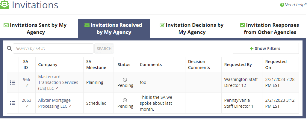 Screen capture showing the Invitations Received by My Agency in the Invitations Report page.