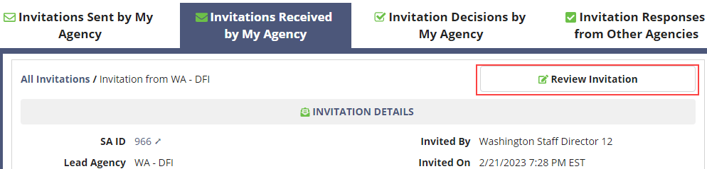 Screen capture of the Invitation Details for an SA