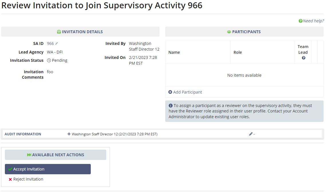 Screen capture of the Review Invitation screen