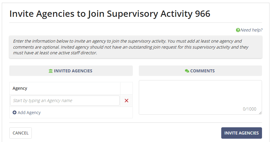Screen capture of the Invite Agencies screen