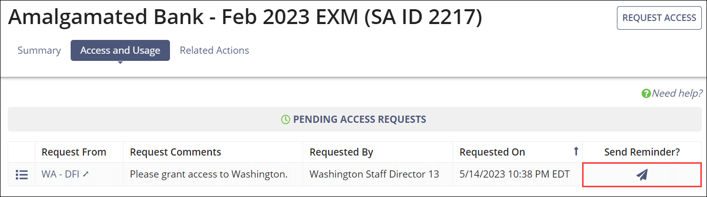 Send reminder button on access and usage tab.