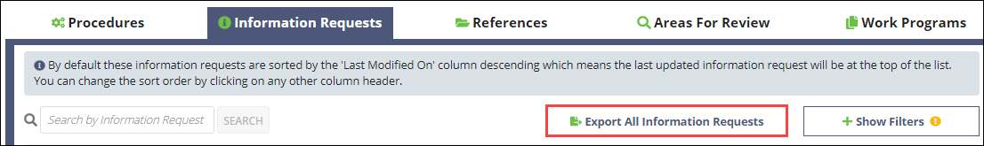 Export information requests button