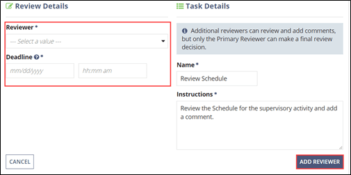 Add Reviewer command adds the selected reviewer to the SA