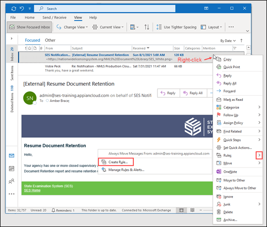 Click Create Rule to begin the process of creating a new Outlook rule