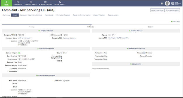 Agency Details View of a Complaint