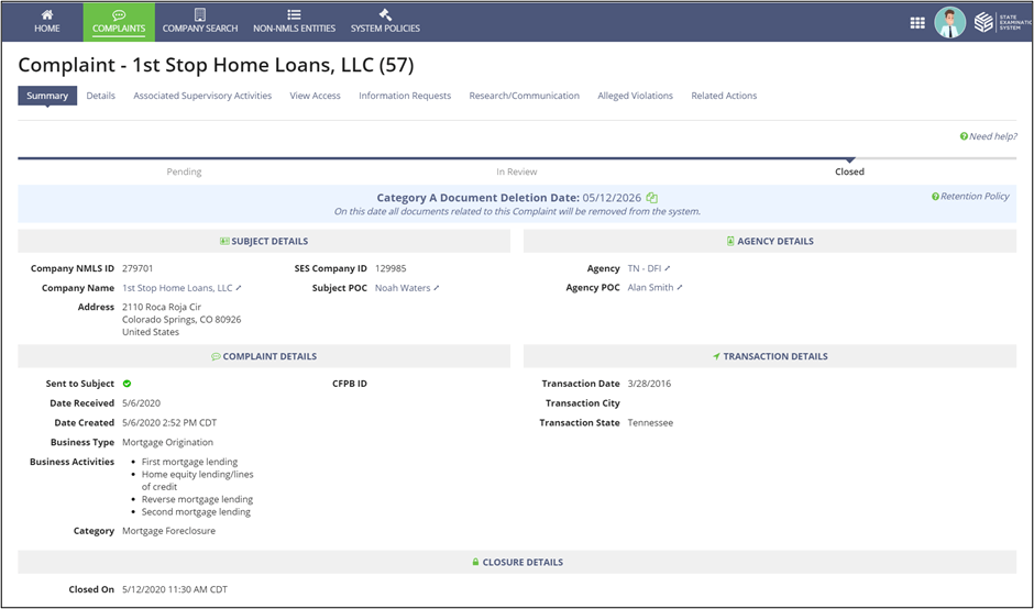 Agency Summary view of a complaint