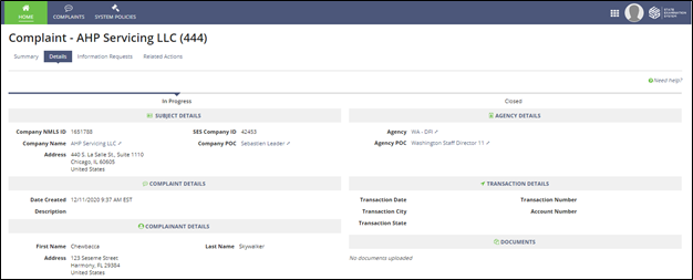 Company Detail View of a Complaint