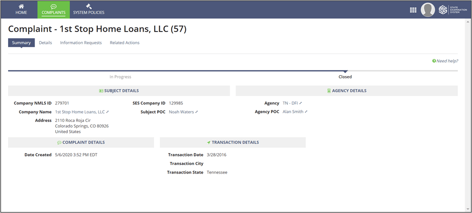 Company Summary View of a Complaint