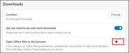 screen capture showing Microsoft Edge Downloads settings